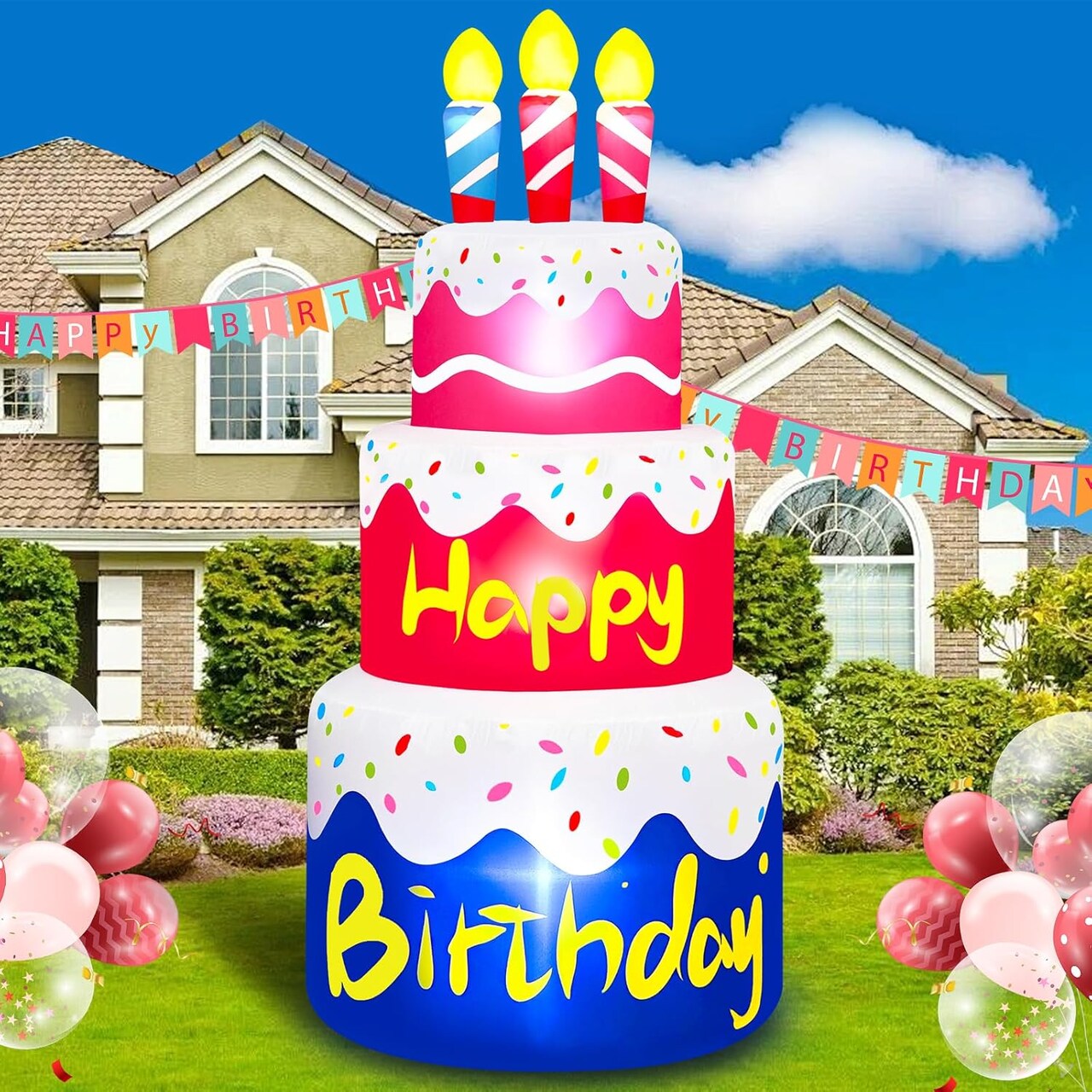 6 Ft Happy Birthday Inflatable Cake with Candles Outdoor Decorations Lighted Blow Up Holiday Birthday Party Decor with 6 LED Lights for Indoor Home Celebration Garden Lawn Yard Prop Sign